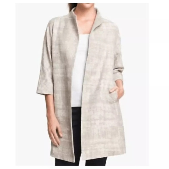 Eileen Fisher Taupe Silver Illusion Jacquard Open Front Long Coat Jacket XL - Picture 2 of 11